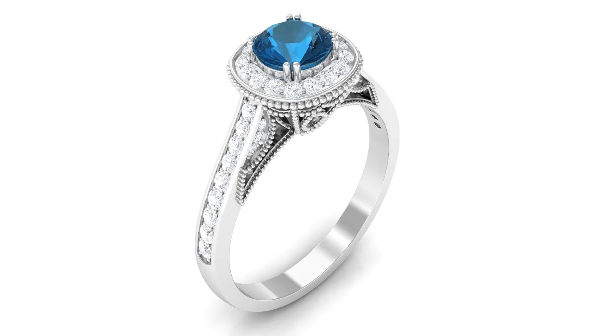 1 CT London Blue Topaz Solitaire with Diamond Vintage Ring