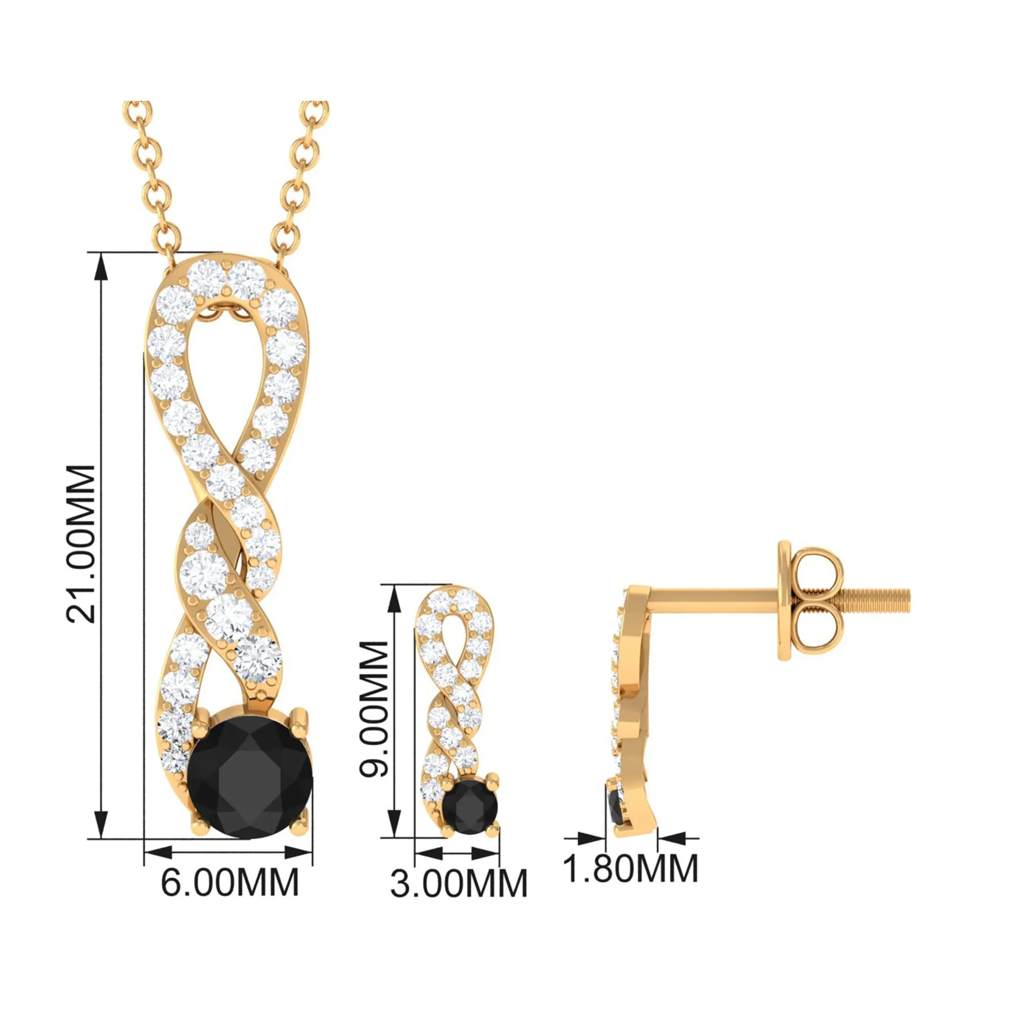 1 CT Natural Black Onyx Infinity Necklace and Earrings Set