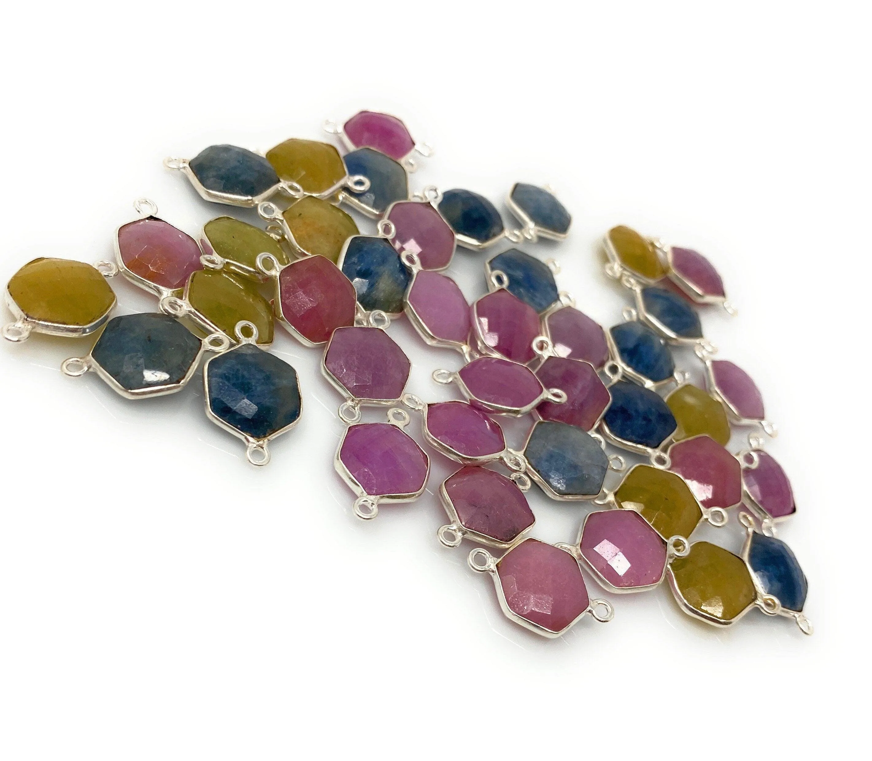 10 Pcs/ 11 Pcs Natural Multi Sapphire Gemstone Connectors, Silver