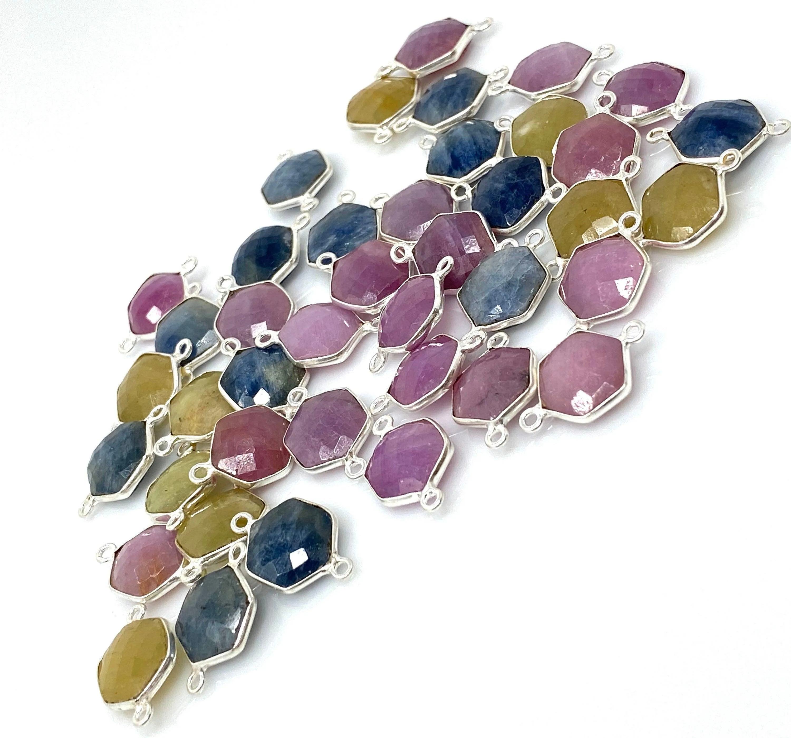 10 Pcs/ 11 Pcs Natural Multi Sapphire Gemstone Connectors, Silver