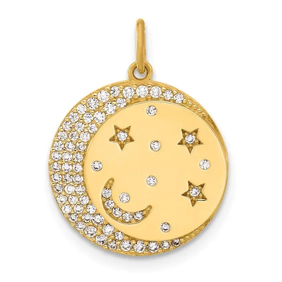 10k Yellow Gold Clear CZ Moon and Stars Disc Pendant