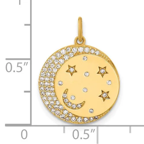 10k Yellow Gold Clear CZ Moon and Stars Disc Pendant