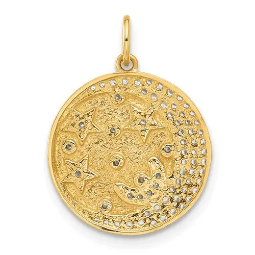 10k Yellow Gold Clear CZ Moon and Stars Disc Pendant