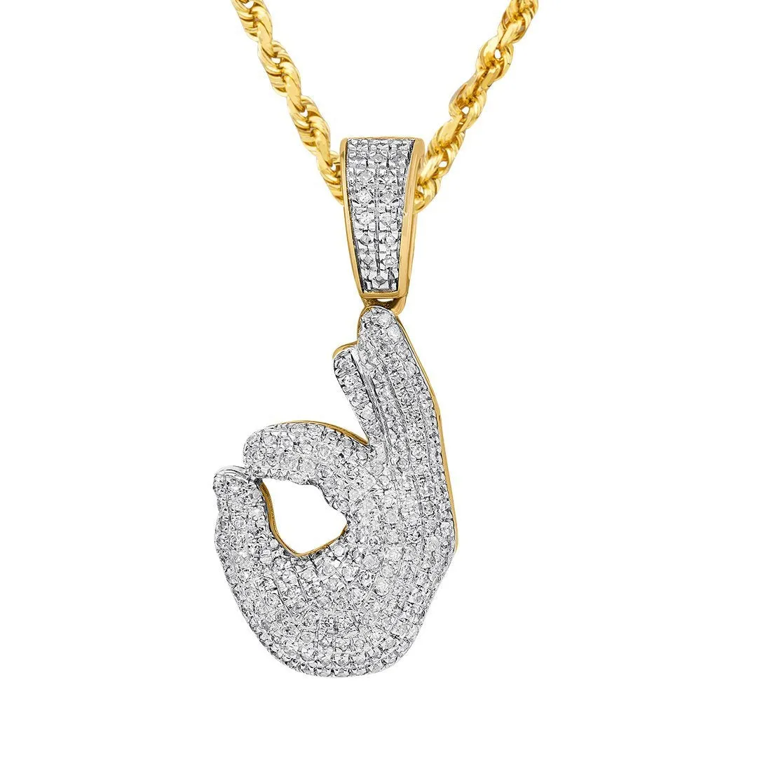 10K Yellow Gold Diamond Okay Hand Sign Pendant 0.35 Ctw