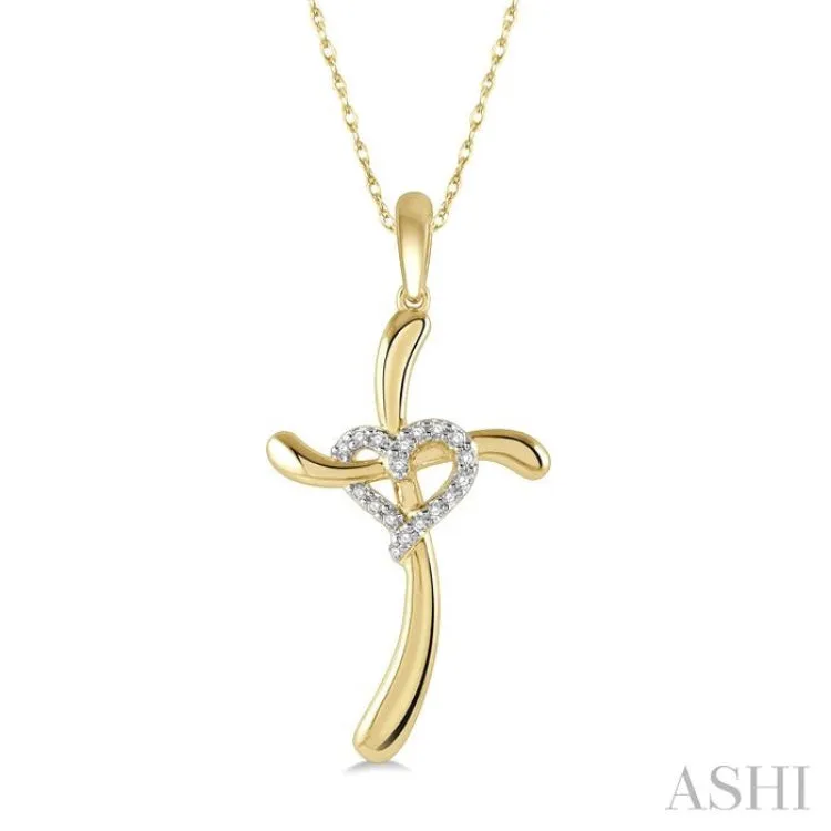 1/20 ctw Heart Entangled Cross Charm Round Cut Diamond Pendant With Chain in 10K Yellow Gold