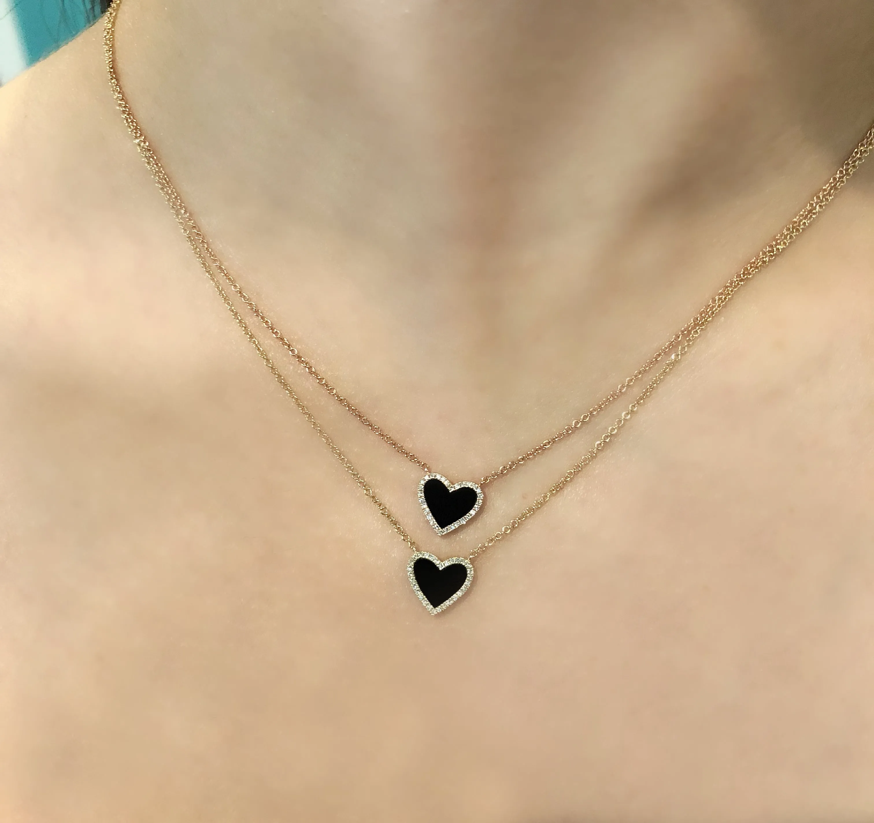 14K GOLD DIAMOND ONYX SMALL HAILEY HEART NECKLACE