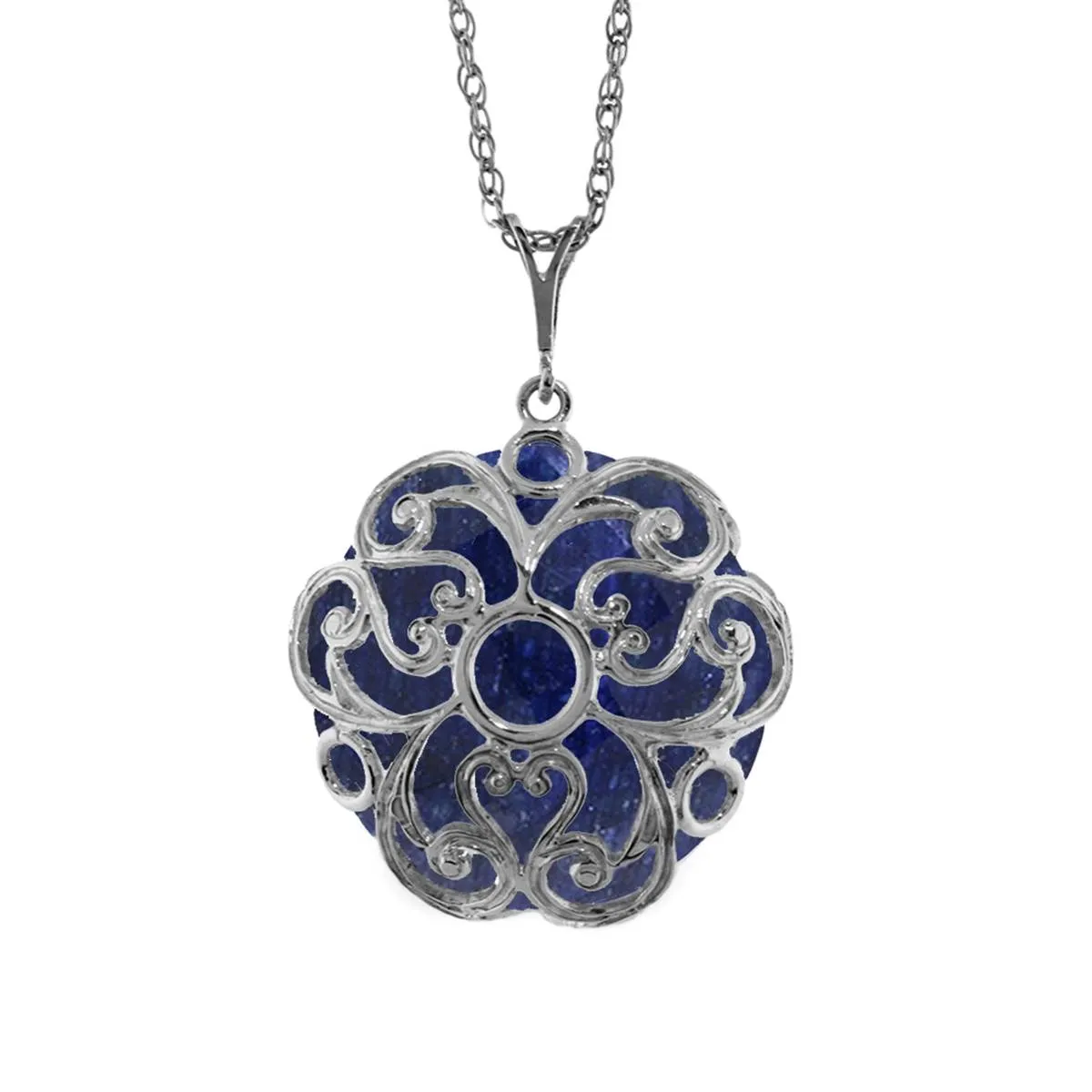 14K Solid White Gold Necklace w/ Checkerboard Cut Round Dyed Sapphire