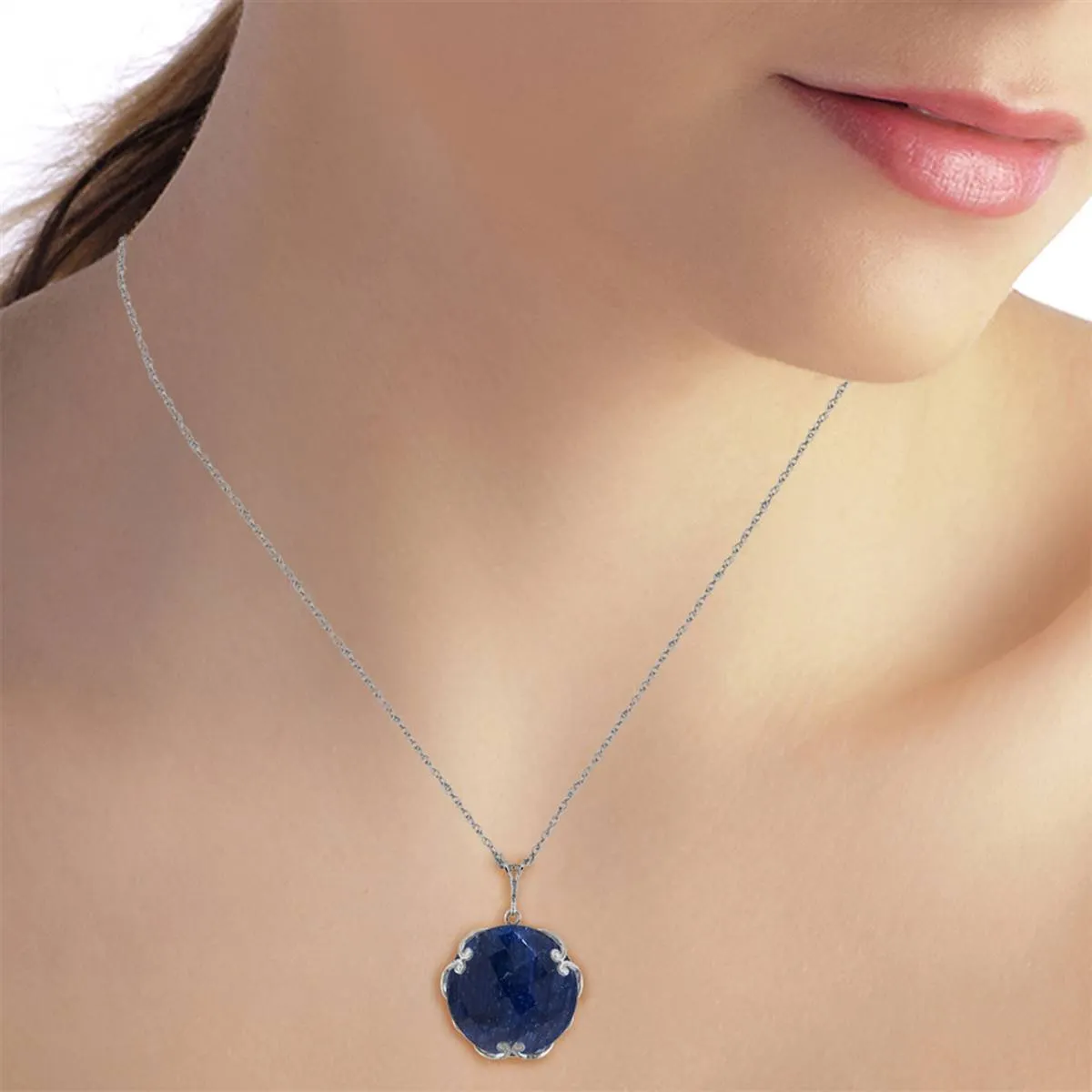 14K Solid White Gold Necklace w/ Checkerboard Cut Round Dyed Sapphire