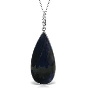 14K Solid White Gold Necklace w/ Diamonds & Pear Shape Checkerboard Cut Sapphire