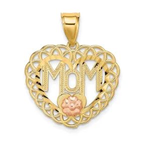 14k Two Tone Gold Solid Polished Textured Finish MOM in Heart Lace Trim Design Frame Charm Pendant