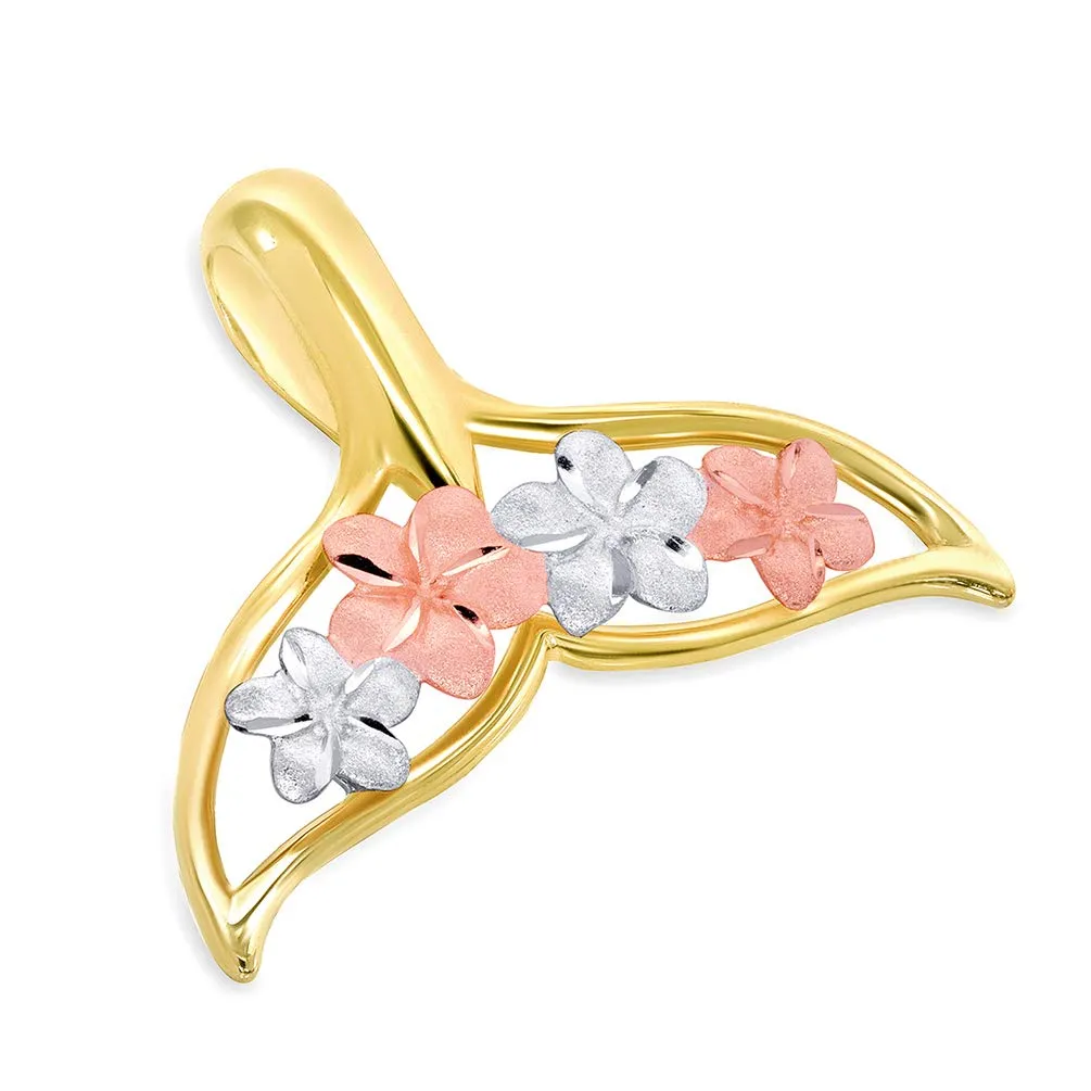 14k Yellow and Rose Gold Open Tri-Tone Whale Tail with Hawaiian Plumeria Flower Pendant