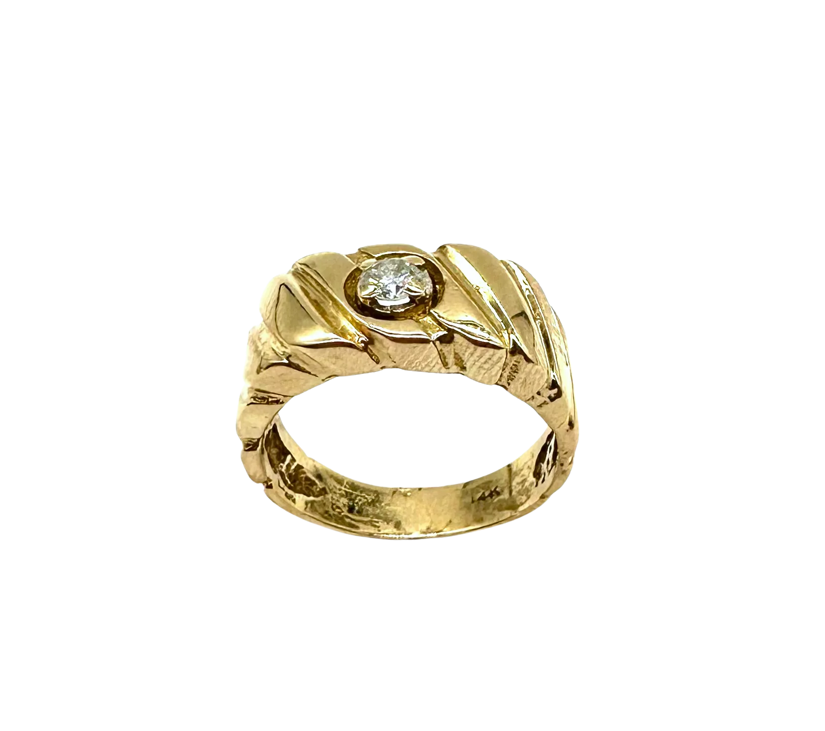 14k Yellow Gold Band with Diagonal Grooves and Diamond Center Stone