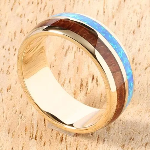 14K Yellow Gold Natural Koa Wood and Opal Half/Half Oval Wedding Ring 8mm