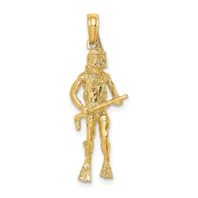 14K Yellow Gold Polish Finish 3-Dimensional Scuba Diver Charm Pendant