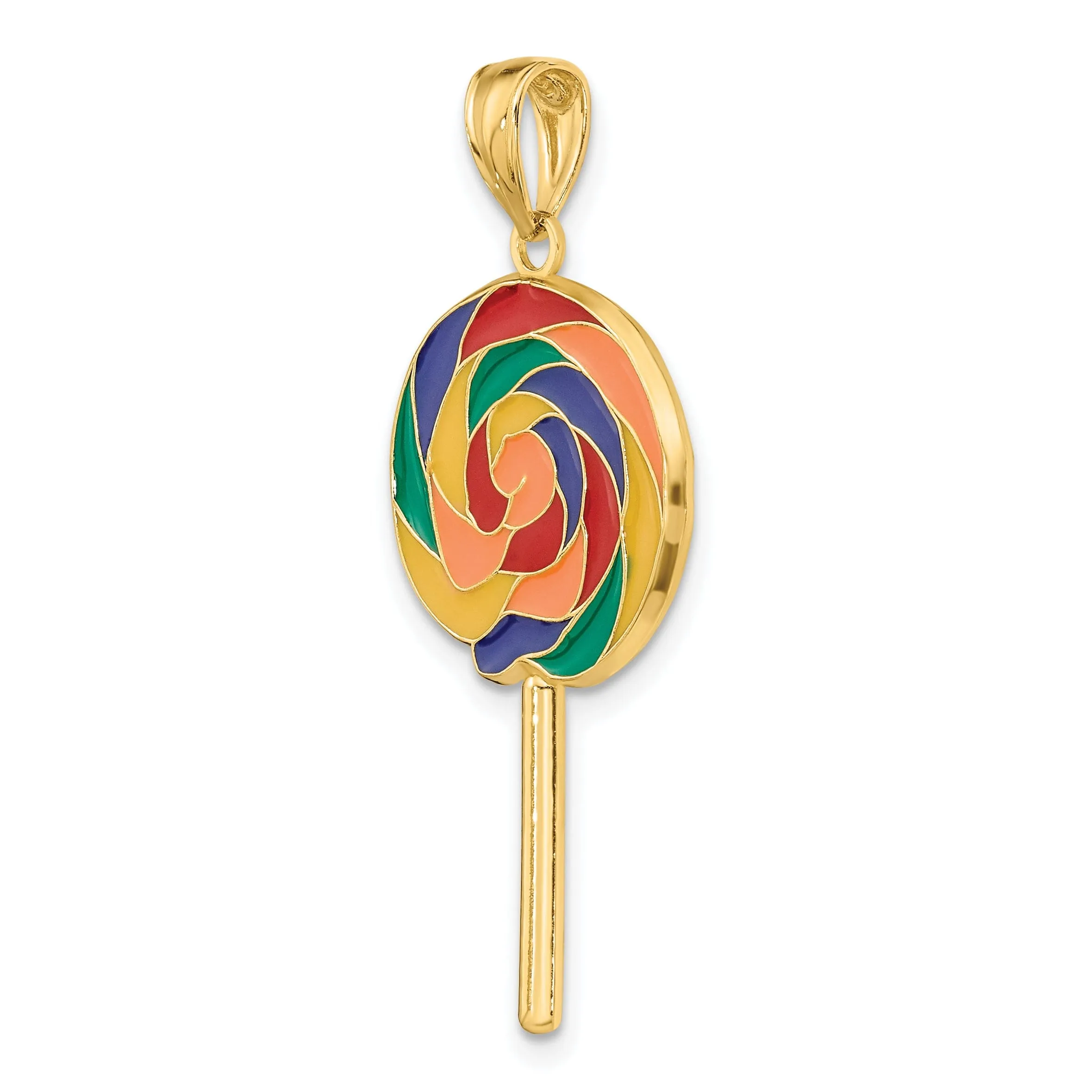 14K Yellow Gold Polished Multi-Color Enamel Finish 3-Dimensional Lollipop Charm Pendant