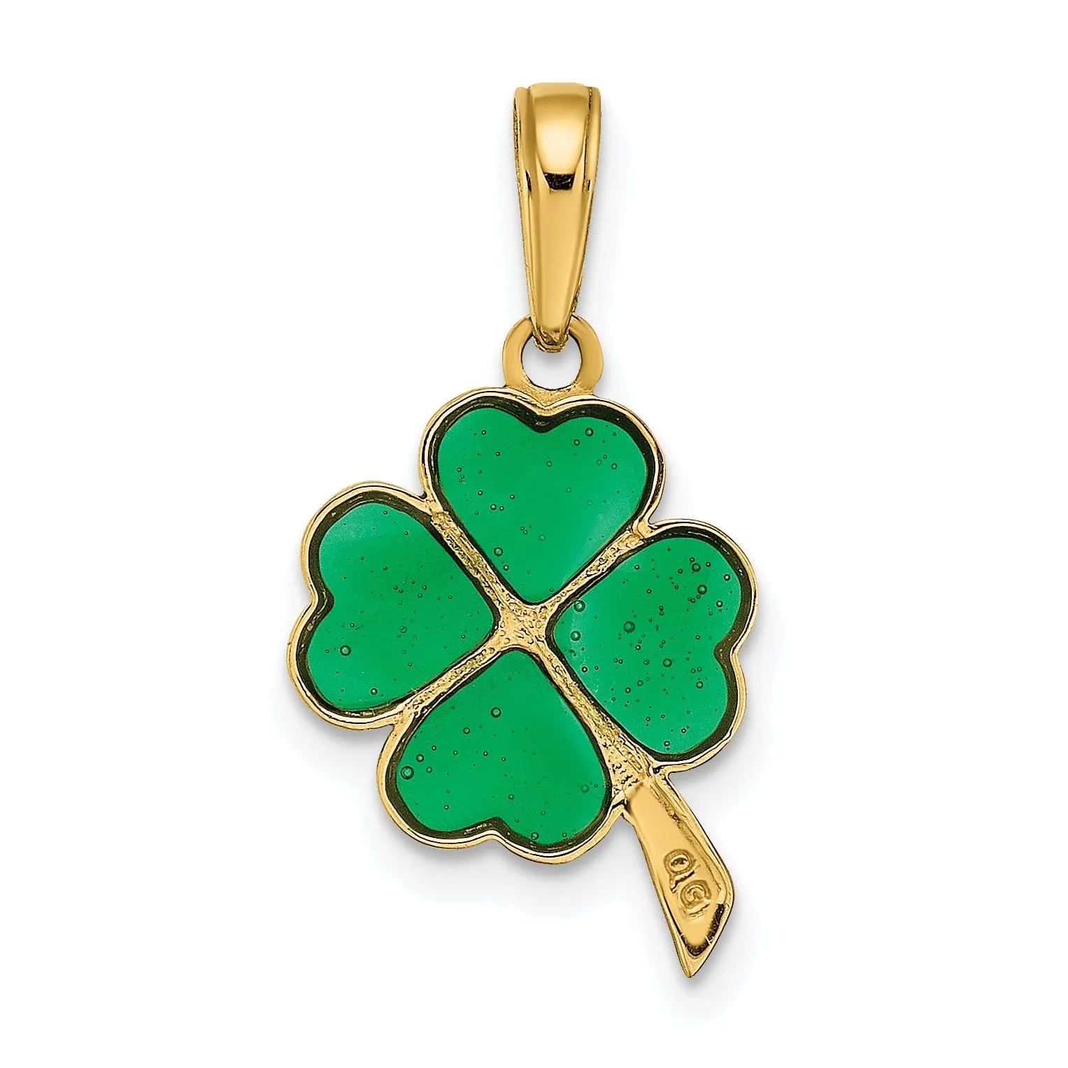 14k Yellow Gold Solid Open Back Polished Green Enameled Finish 4-leaf Clover Charm Pendant