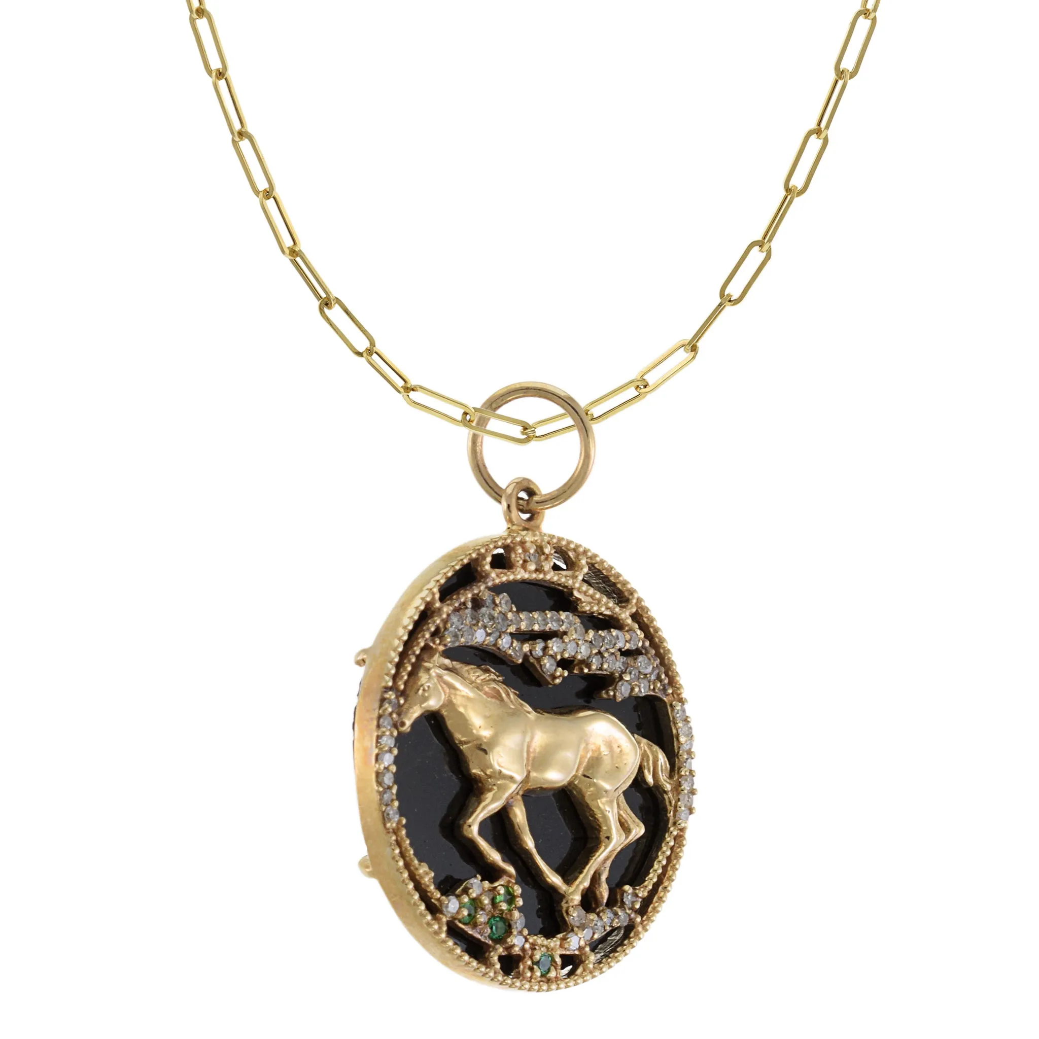 14KT Yellow Gold Black Onyx, Diamond, and Emerald Disc Pendant with Racing Horse