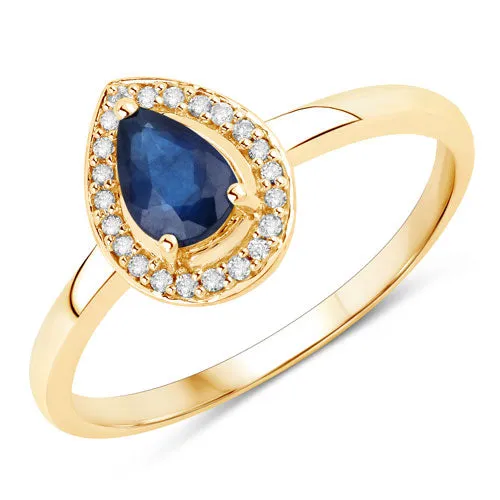 14KY Gold Blue Sapphire Halo Pear Shape Ladies Ring US:7