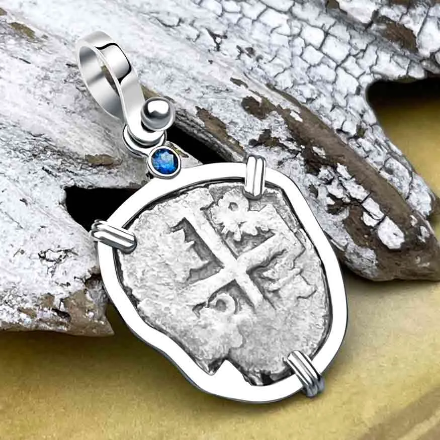 1720s Rimac River "Good Luck" Spanish 1/2 Reale "Piece of Eight" Sterling Silver with Blue Sapphire Pendant | Artifact #8239