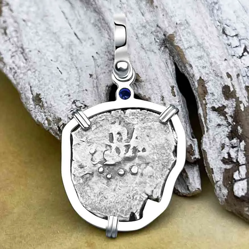 1720s Rimac River "Good Luck" Spanish 1/2 Reale "Piece of Eight" Sterling Silver with Blue Sapphire Pendant | Artifact #8239