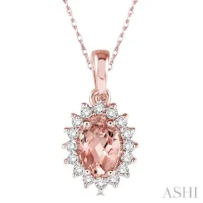 1/8 Ctw Round Cut Diamond and Oval Cut 6x4 MM Morganite Center Sunflower Semi Precious Pendant in 10K Rose Gold with chain