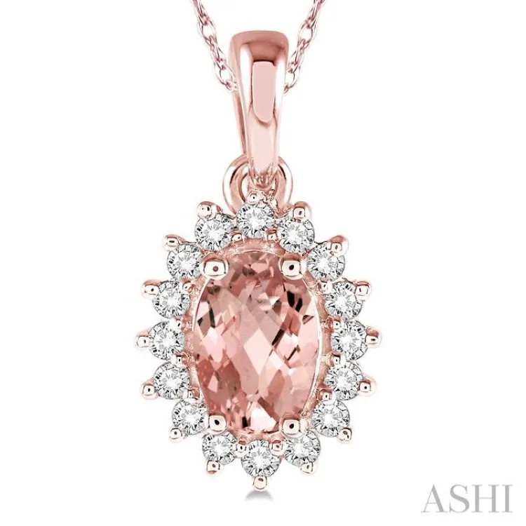 1/8 Ctw Round Cut Diamond and Oval Cut 6x4mm Morganite Center Sunflower Semi Precious Pendant in 10K Rose Gold with chain