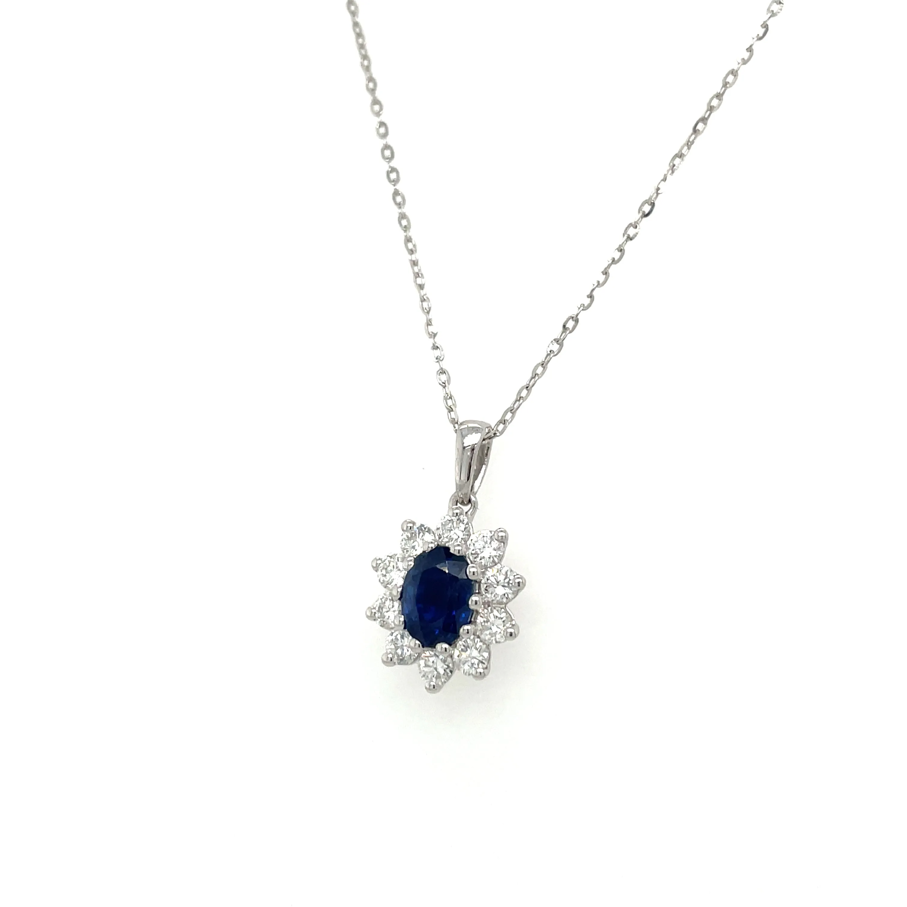 18ct White Gold 1.47ct Sapphire and Diamond Halo Necklace