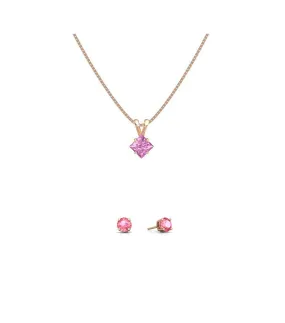 18K Rose Gold 4ct Pink Sapphire Square 18 Inch Necklace and Round Earrings Set Plated