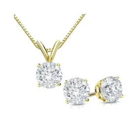 18K Yellow Gold Round 4ct White Sapphire Round 18 Inch Necklace and Earrings Set Plated