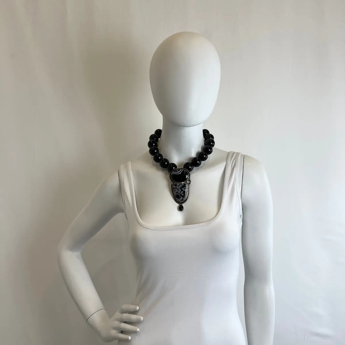 18" Black Ball Necklace with Detachable Sterling Silver and Onyx Pendant