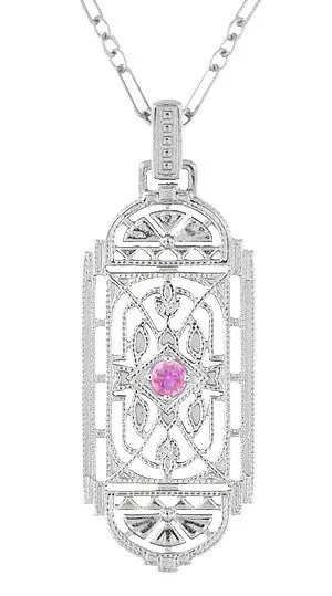 1920's Pink Sapphire Pendant in Sterling Silver - Vintage Style Art Deco Filigree Necklace