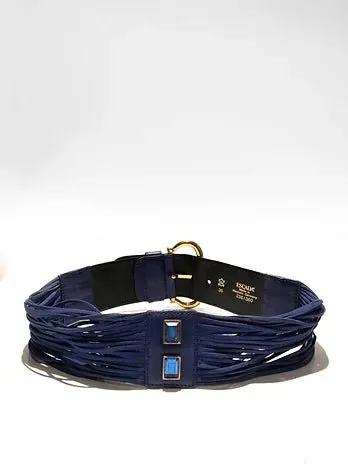 1980s ESCADA STONE BLUE LEATHER AND SUEDE FRINGE BELT