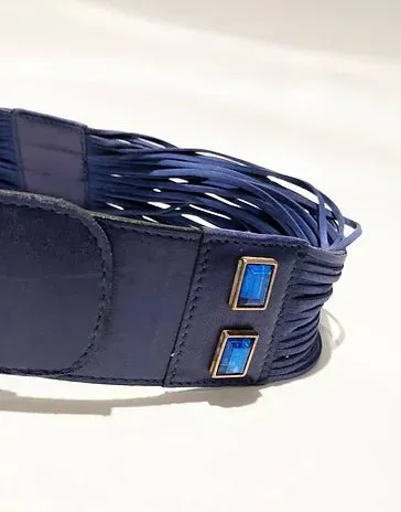 1980s ESCADA STONE BLUE LEATHER AND SUEDE FRINGE BELT