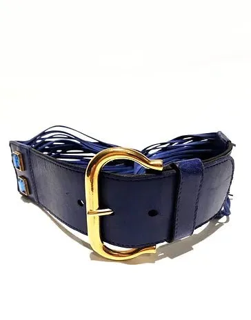 1980s ESCADA STONE BLUE LEATHER AND SUEDE FRINGE BELT