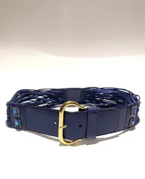 1980s ESCADA STONE BLUE LEATHER AND SUEDE FRINGE BELT