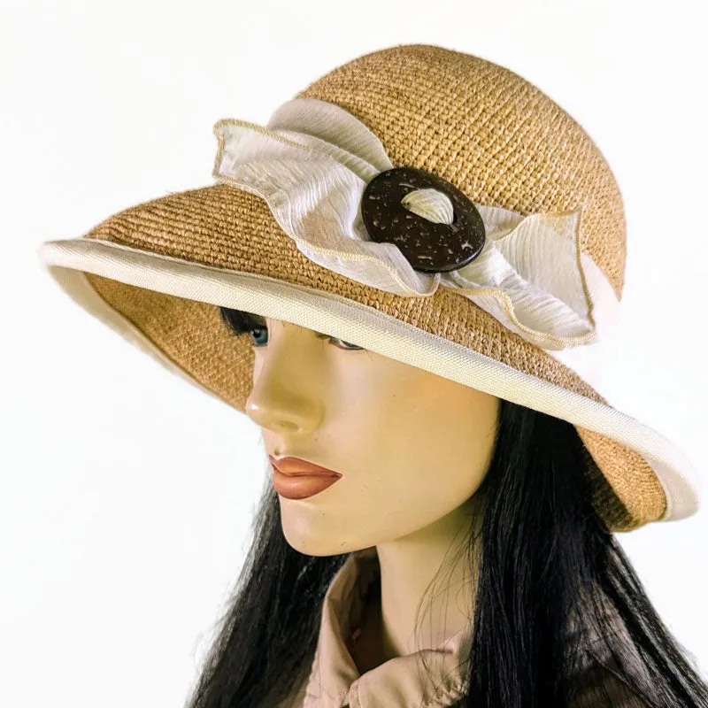 206-c Crochet Raffia Sun Hat with adjustable fit with cream trim