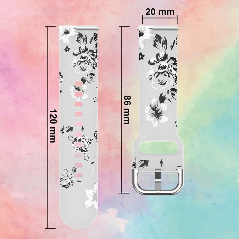 20mm Universal pattern printed silicone watch strap - White / Grey Flowers