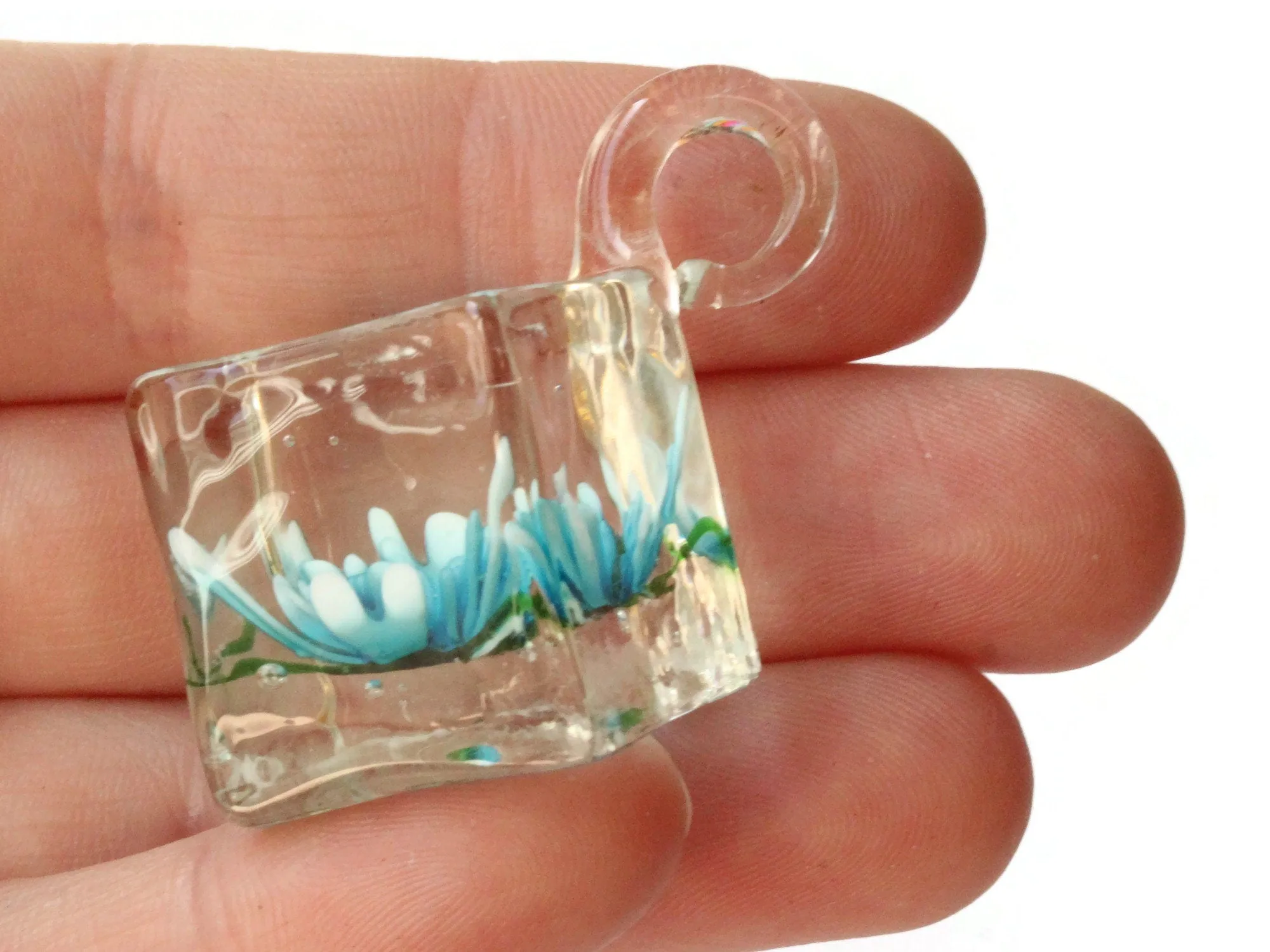 22mm Sky Blue Flower Lampwork Glass Cube Pendant