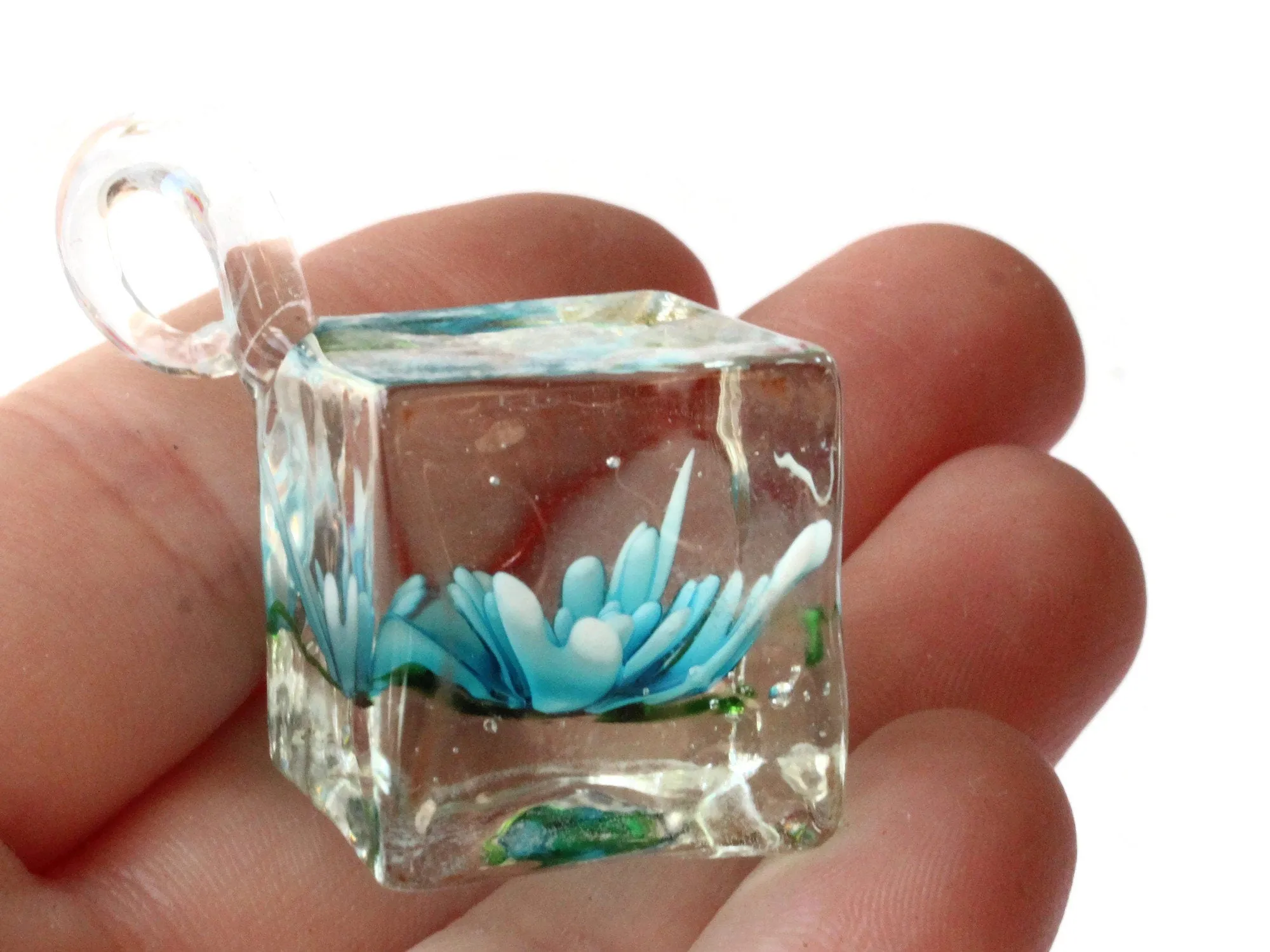 22mm Sky Blue Flower Lampwork Glass Cube Pendant