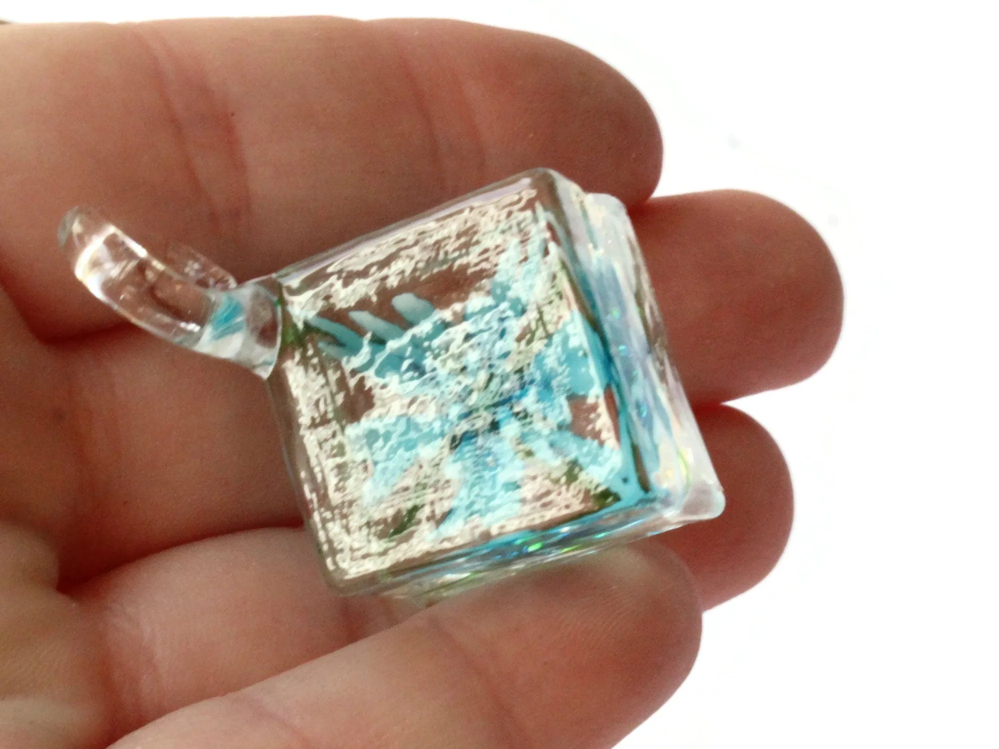 22mm Sky Blue Flower Lampwork Glass Cube Pendant