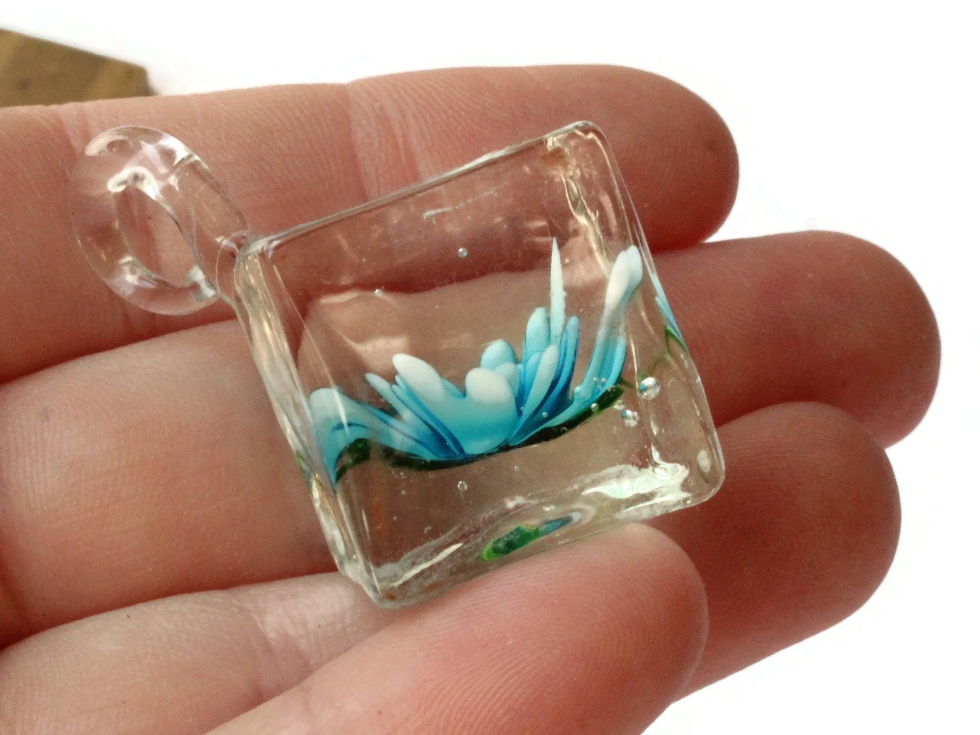 22mm Sky Blue Flower Lampwork Glass Cube Pendant