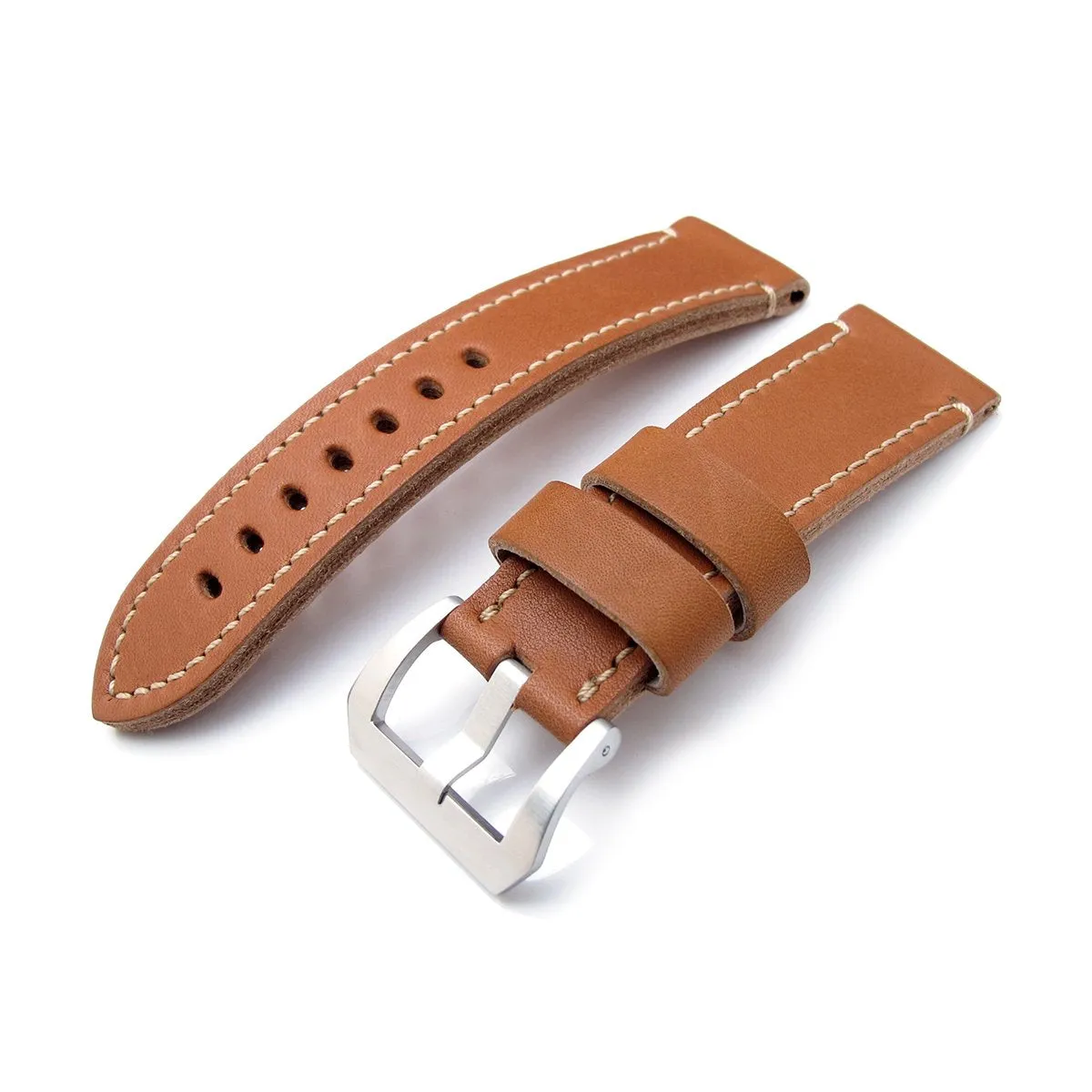 24mm MiLTAT Cashmere Calf Tan Color Watch Strap, Beige Hand Stitches