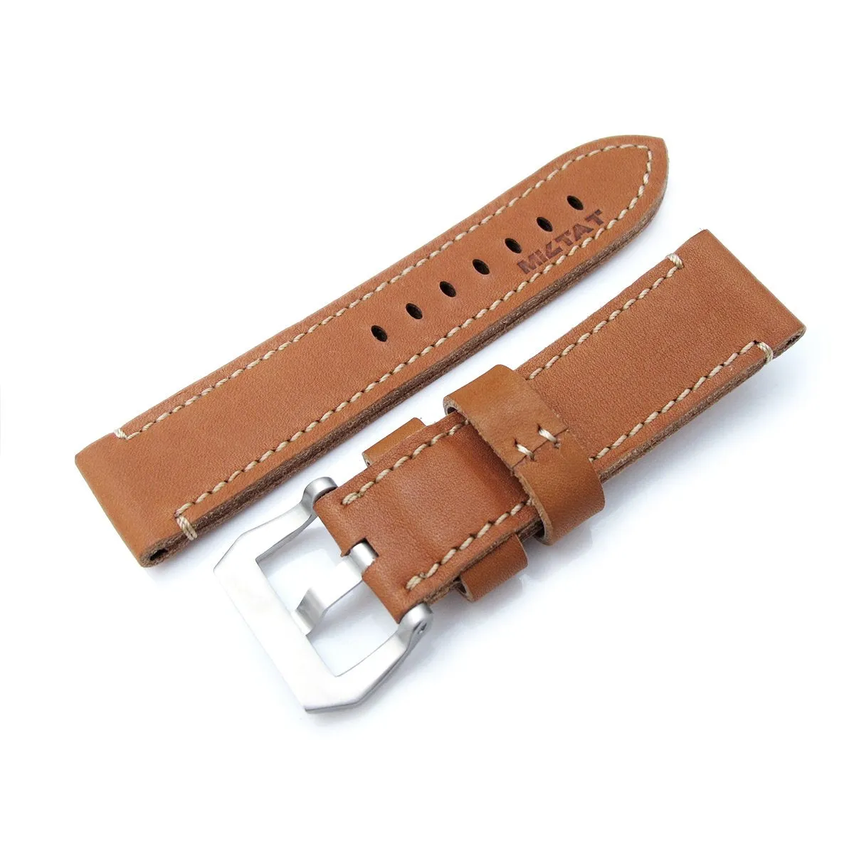 24mm MiLTAT Cashmere Calf Tan Color Watch Strap, Beige Hand Stitches