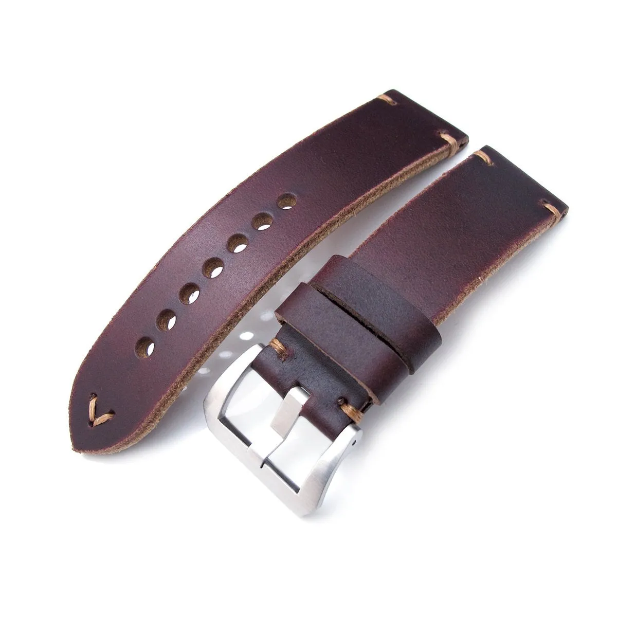 24mm MiLTAT Horween Chromexcel Watch Strap, Burgundy Brown, Brown Stitching