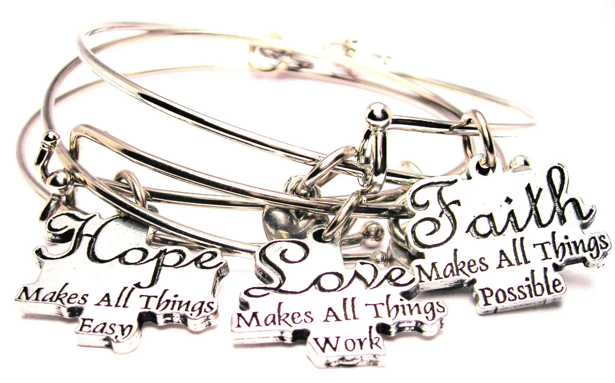 3 Piece Hope Love Faith Trio Expandable Bangle Bracelet Set