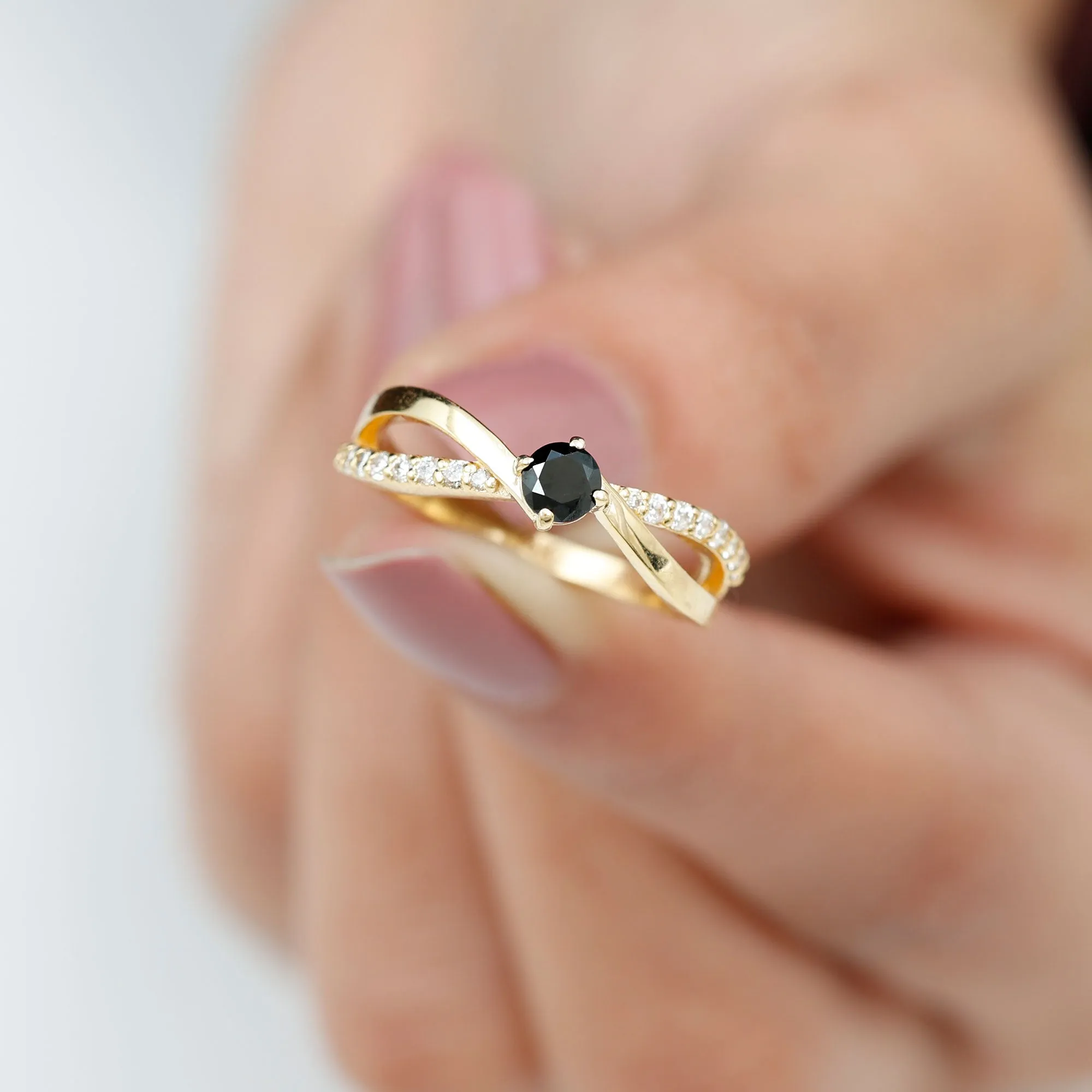 3/4 CT Black Diamond Solitaire and Diamond Gold Infinity Ring