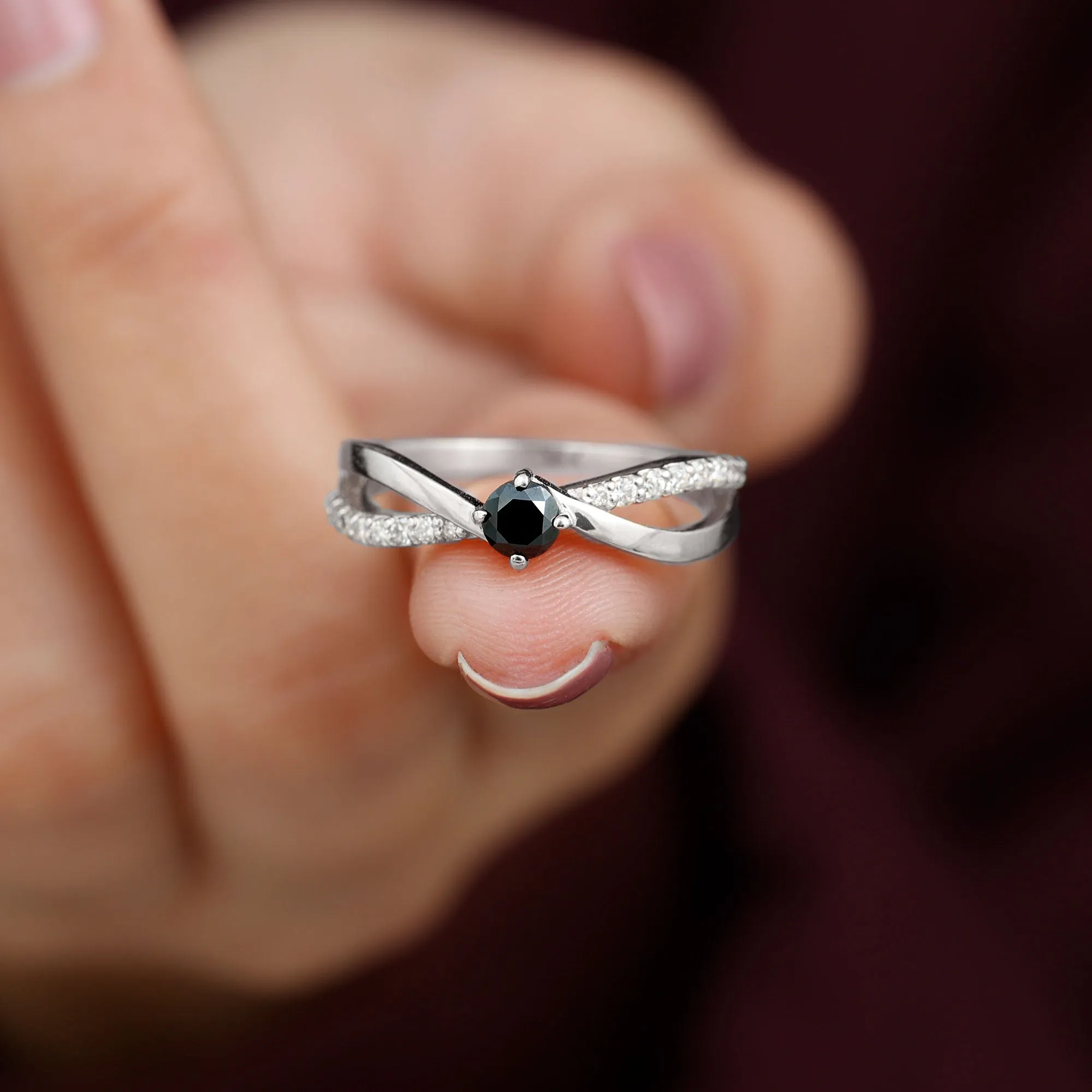 3/4 CT Black Diamond Solitaire and Diamond Gold Infinity Ring