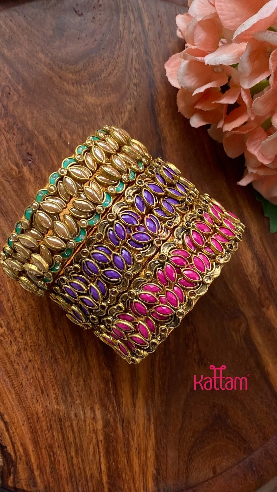 3D Kundan Stone Lotus Bangle Set