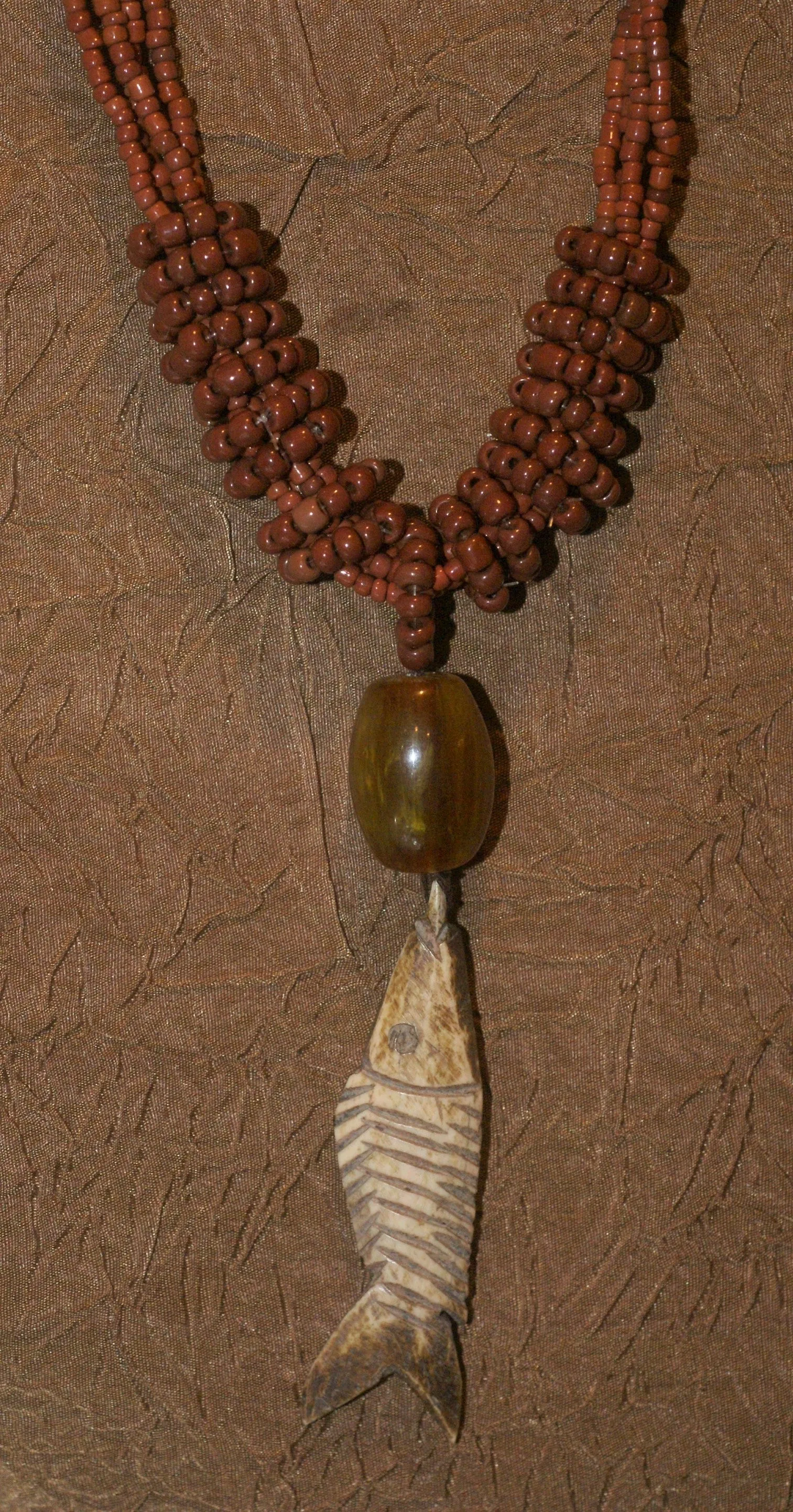 4 Strands Unique Earthtones Hand crafted Ethnic Glass Trade Beads & Amber Bead Necklace with Buffalo Bone Hand Carved Pendant of Fish, Zodiac Pisces, Borneo Kalimantan, Indonesia NECK39