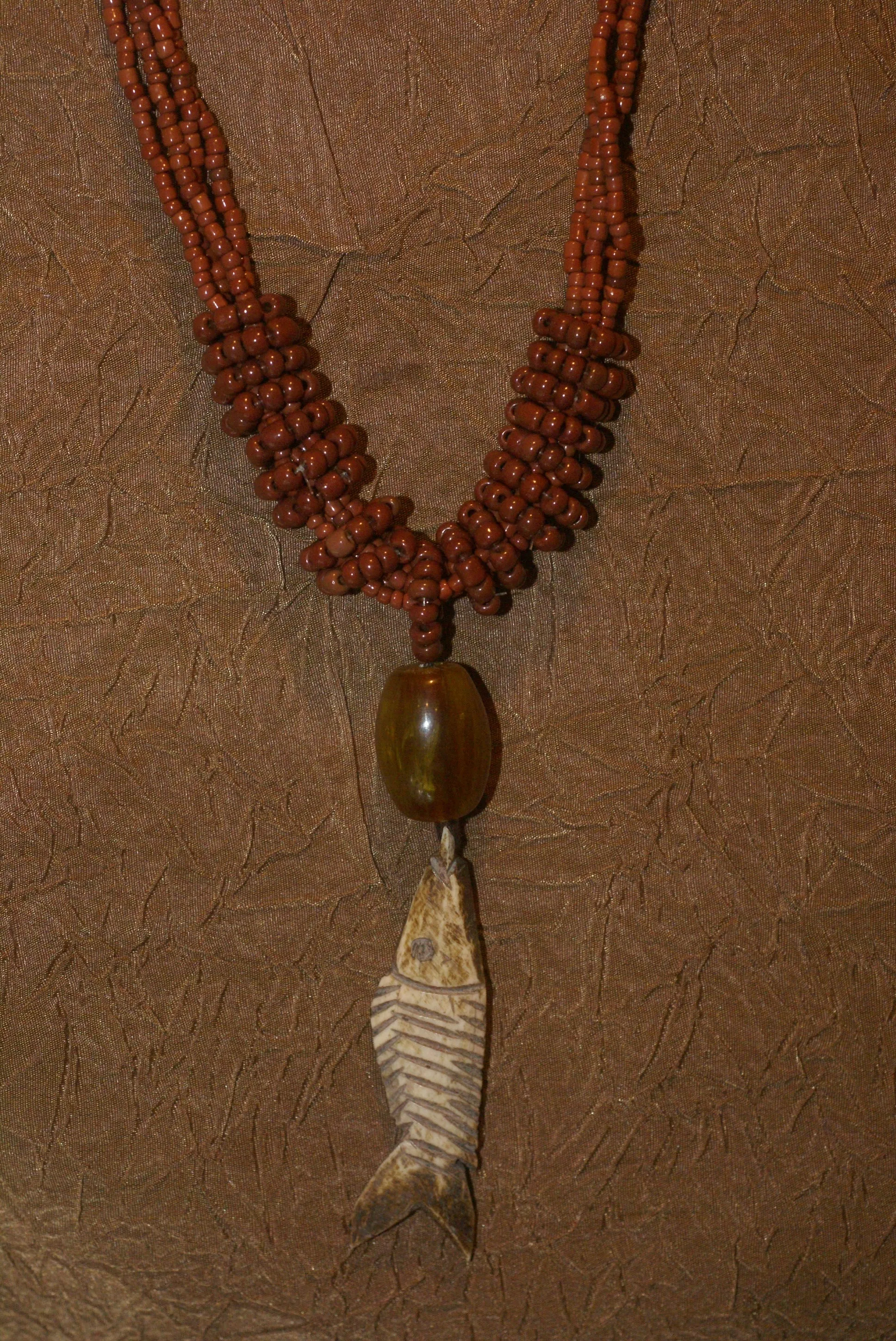 4 Strands Unique Earthtones Hand crafted Ethnic Glass Trade Beads & Amber Bead Necklace with Buffalo Bone Hand Carved Pendant of Fish, Zodiac Pisces, Borneo Kalimantan, Indonesia NECK39